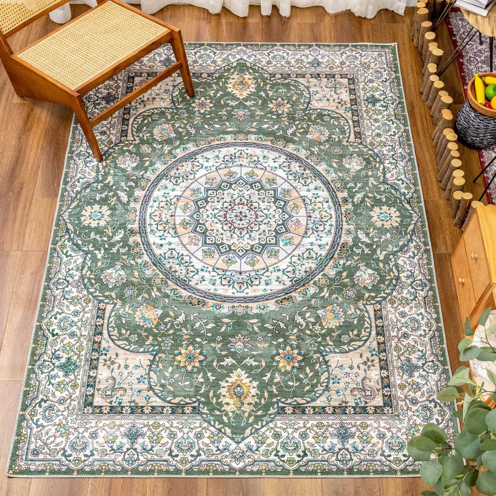 DECOMALL カーペット 3畳 ペルシャ 絨毯風 ラグ マット 160X230CM 洗える 花柄 オールシーズン 軽量 滑り止め 防ダニ 防臭 グリーン 緑 床暖房対応
