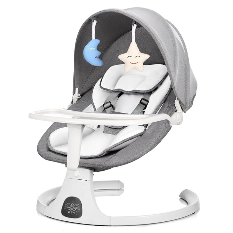 Brotish ブロティシュ 電動ベビースウィング ベビーバウンサー 電動ロッキングチェア ベビーチェア ベビーラック 電動ゆりかご 三段高度調節 五点式安全ベルト 子守唄再生 蚊帳付き 洗えるランチトレイ付き クッション付き SGS認証済 出産お祝い 新 1