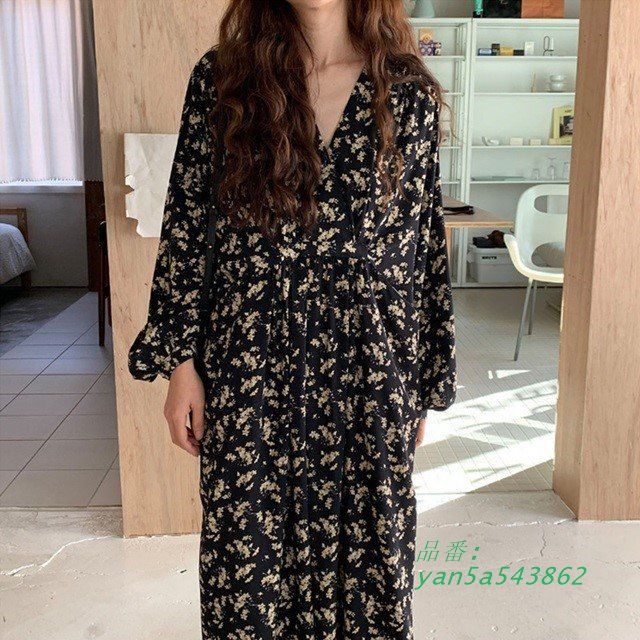 ロングワンピース レディース ワンピース 長袖 カジュアル 大きいサイズ 長袖 ワンピース マキシ丈 花柄 レディース Vネック ワンピース ロング丈 yan5a543862