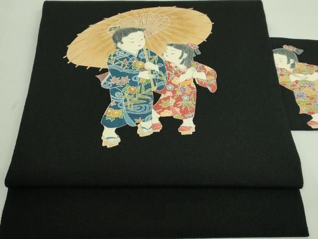 平和屋着物■極上　十日町友禅作家　関口遼一　九寸名古屋帯　童子　黒地　鬼しぼ縮緬　逸品　DZAA8828kh5 平和屋着物□極上 十日町友禅作家 関口遼一 九寸名古屋帯 童子 黒地 鬼