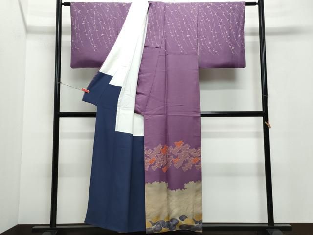 平和屋着物▽上質な紬 単衣 古代紫色 正絹 逸品 未使用 AAAS4935fy