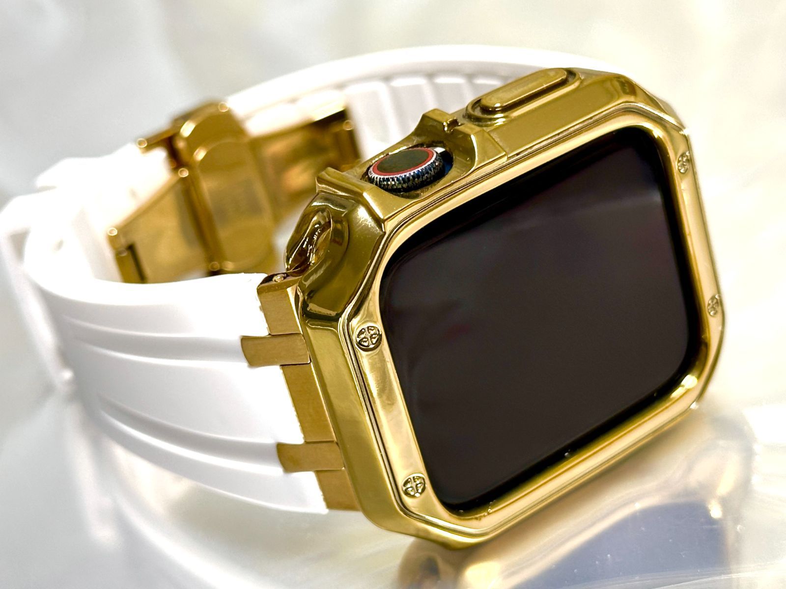 シームレス ホワイト-ゴールド アップルウォッチ 316Lステンレス ラバーベルト Apple Watch 厚ケース カバー series1〜9 38mm 40mm 41mm 42mm 44mm 45mm Apple Watch バンド