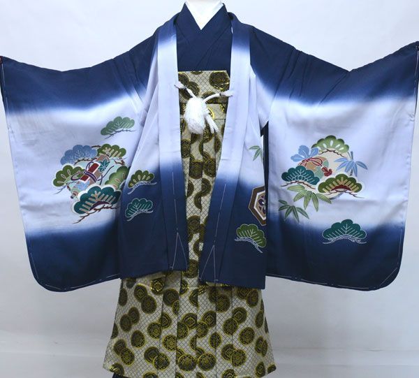七五三 五歳 男児 正絹 羽織袴フルセット 紺地 袴柄変更可 NO32770 七五三 五歳 男児 正絹 羽織袴フルセット 紺地 縞袴 祝着 袴柄