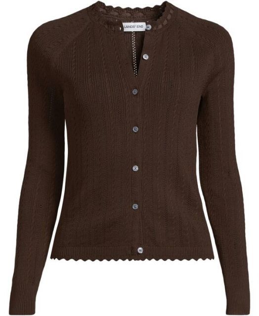  ランズエンド レディース ニット セーター アウター Women s Cotton Pointelle Satin Trim Cardigan Sweater Rich coffee 長袖 ニット セーター