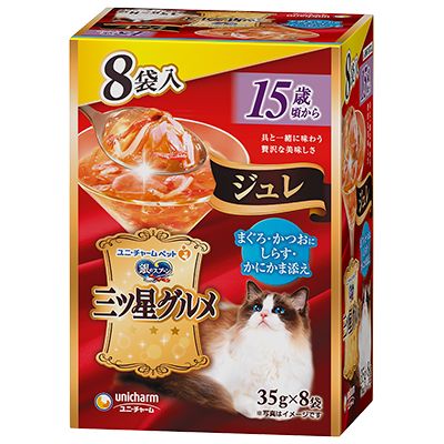 ユニ チャーム 銀のスプーン 三ツ星グルメ パウチ ジュレ 15歳頃から まぐろ かつおにしらす かにかま添え 35g×8袋 1ケース20箱