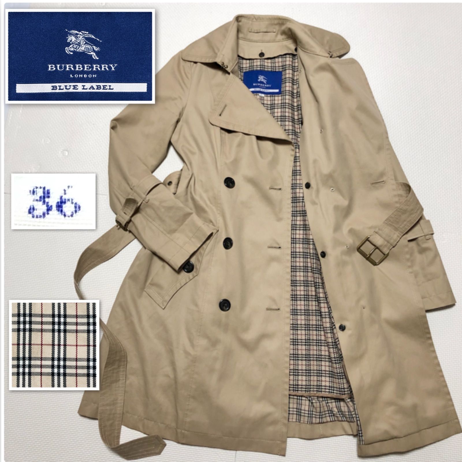 □美品□BURBERRY BLUE LABEL バーバリーブルーレーベル ダブルトレンチコート 2way ウールライナー付  size36(サイズS相当) ノバチェック ブルーレーベルチェック ベルト ベルテッド ベトナム製 三陽商会 ベージュ レディース - メルカリ