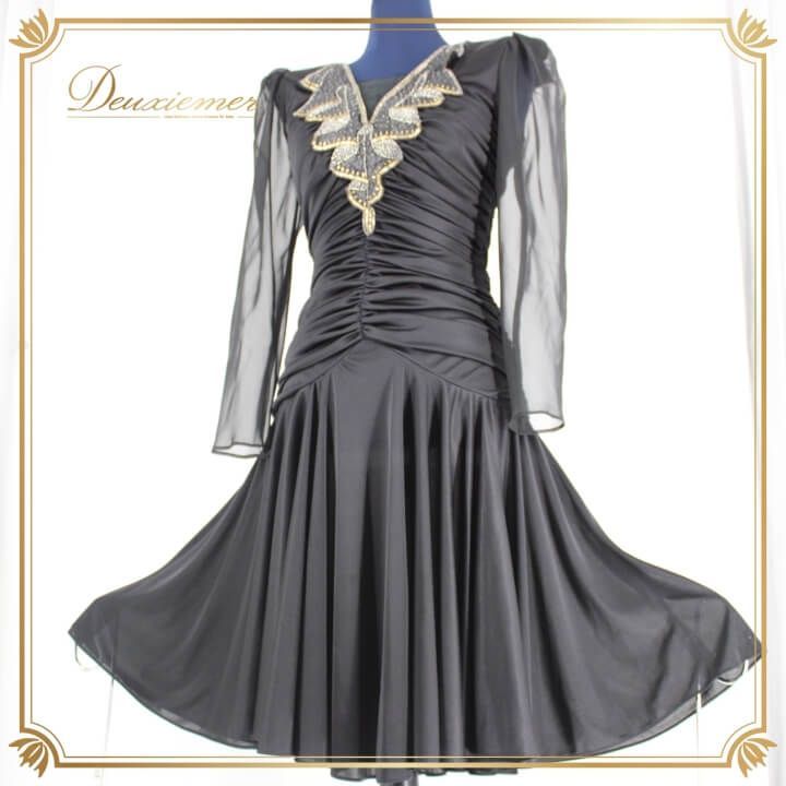 社交ダンス 衣装 ドレス ワンピース レッスンウェア レディース オールシーズン ブラック系 Ally Kent 黒 長袖 ビジュー レース 透け感 エレガント ダンスウェア フィット感 セクシー ボディライン プロフェッショナル シンプル