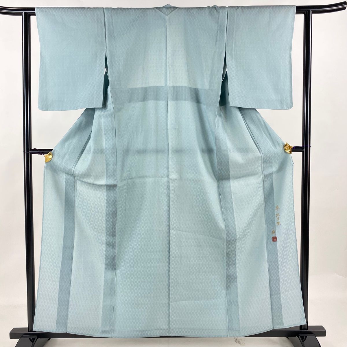 色無地 身丈159cm 裄丈60cm S 薄物 草野一騎 落款 地紋 水色 正絹 名品