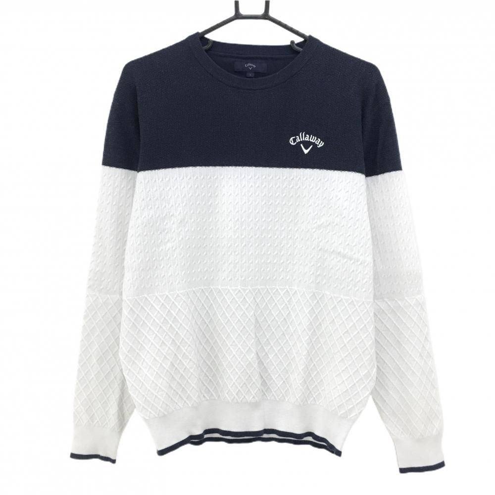 キャロウェイ セーター 白×ネイビー ケーブル編み ロゴ刺しゅう メンズ