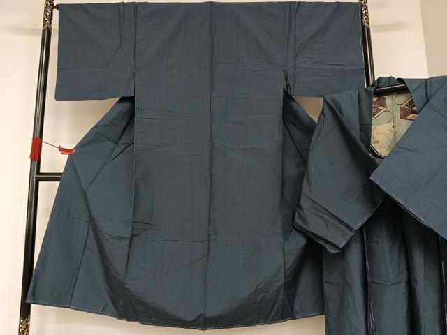 平和屋着物○男性 紬 アンサンブル 色無地 藍色 正絹 逸品 CAAY9559th  