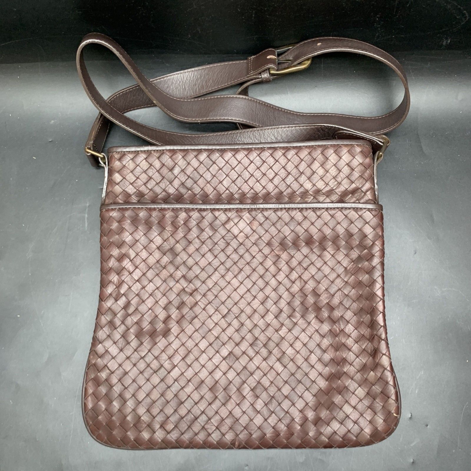 P454 ESTINE エスティーヌ 本革 ダークブラウン レザー編込み メッシュ