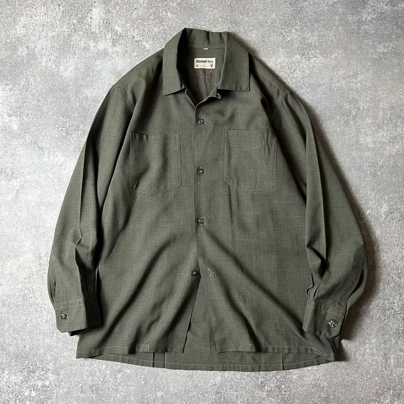 50s 60s 三菱 MITSUBISHI 無地 長袖 レーヨン ボンネル オープンカラー 