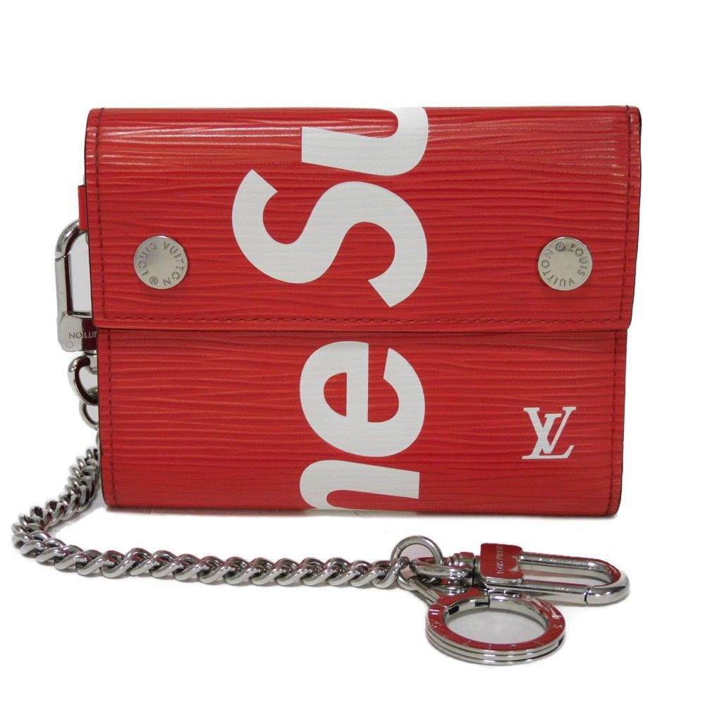 LOUIS VUITTON ルイ ヴィトン チェーンコンパクトウォレット LVロゴ Wスナップボタン コンパクトウォレット Supreme 17AW エピ シュプリーム コクリコ 三つ折り財布 M67755