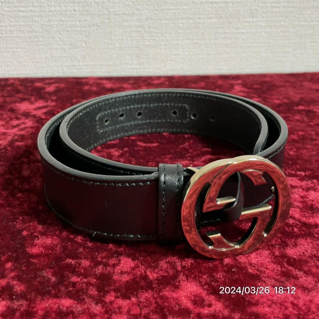 美品 GUCCI グッチ インターロッキング GGロゴバックル レザー ベルト 