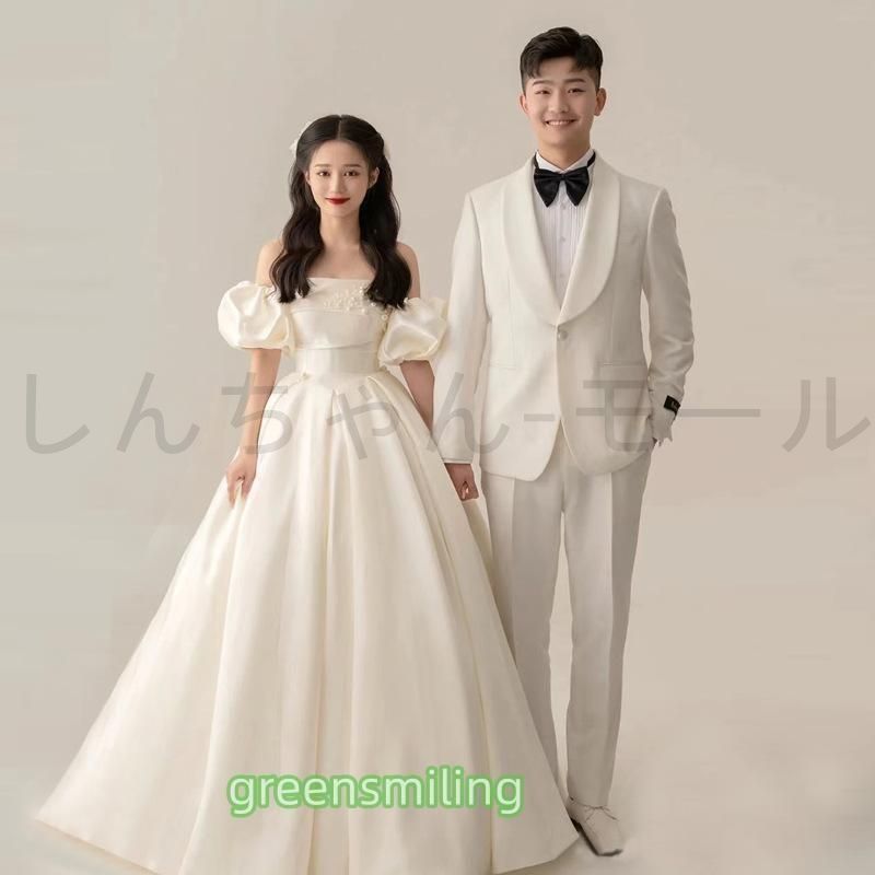 ウェディングドレス ウエディングドレス ロングドレス 二次会 結婚式 前撮り ブライダル 花嫁 オフショルダー パフスリーブ Aラインドレス