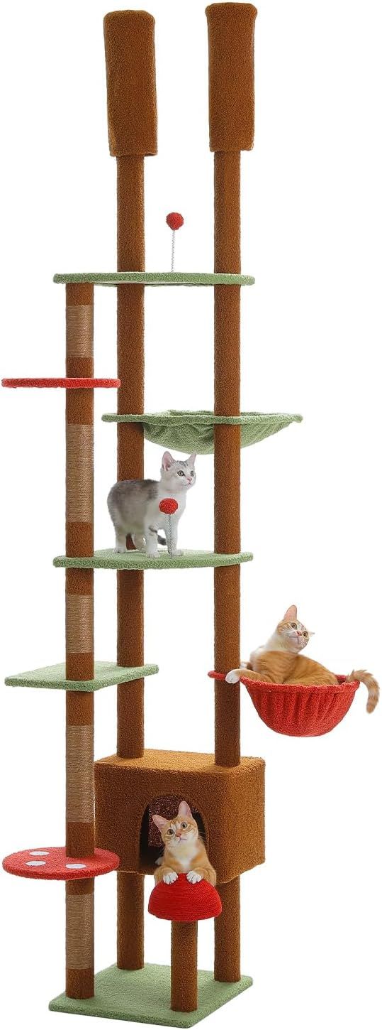 PAWZ Road キャットタワー 突っ張り スリム 多頭飼い タマゴタケ キノコ 森 猫タワー ツイン突っ張り コンパクト 省スペース 爪とぎ ハンモック2個 おしゃれ 運動不足解消 登りやすい - ブラウン 高さ調整幅190~255cm
