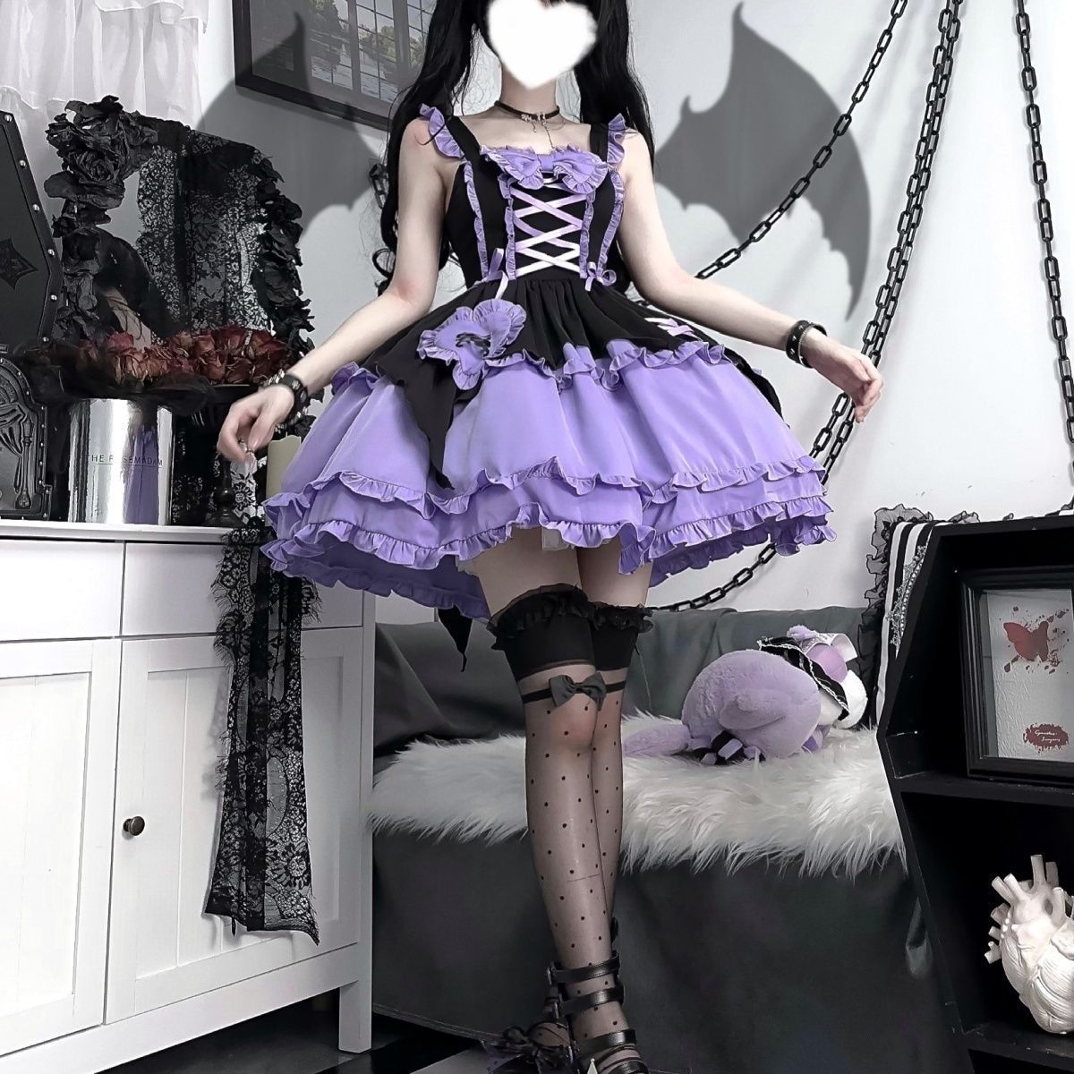 ♥ ロリータ風 万聖節 魔女風 JSK ドレス 甘ロリデザイン 吊りスカート ブラック＆ラベンダー色 ハロウィン 撮影用 高品質 S～XLサイズ ハロウィン コスプレ イベント 撮影 特別な日に最適