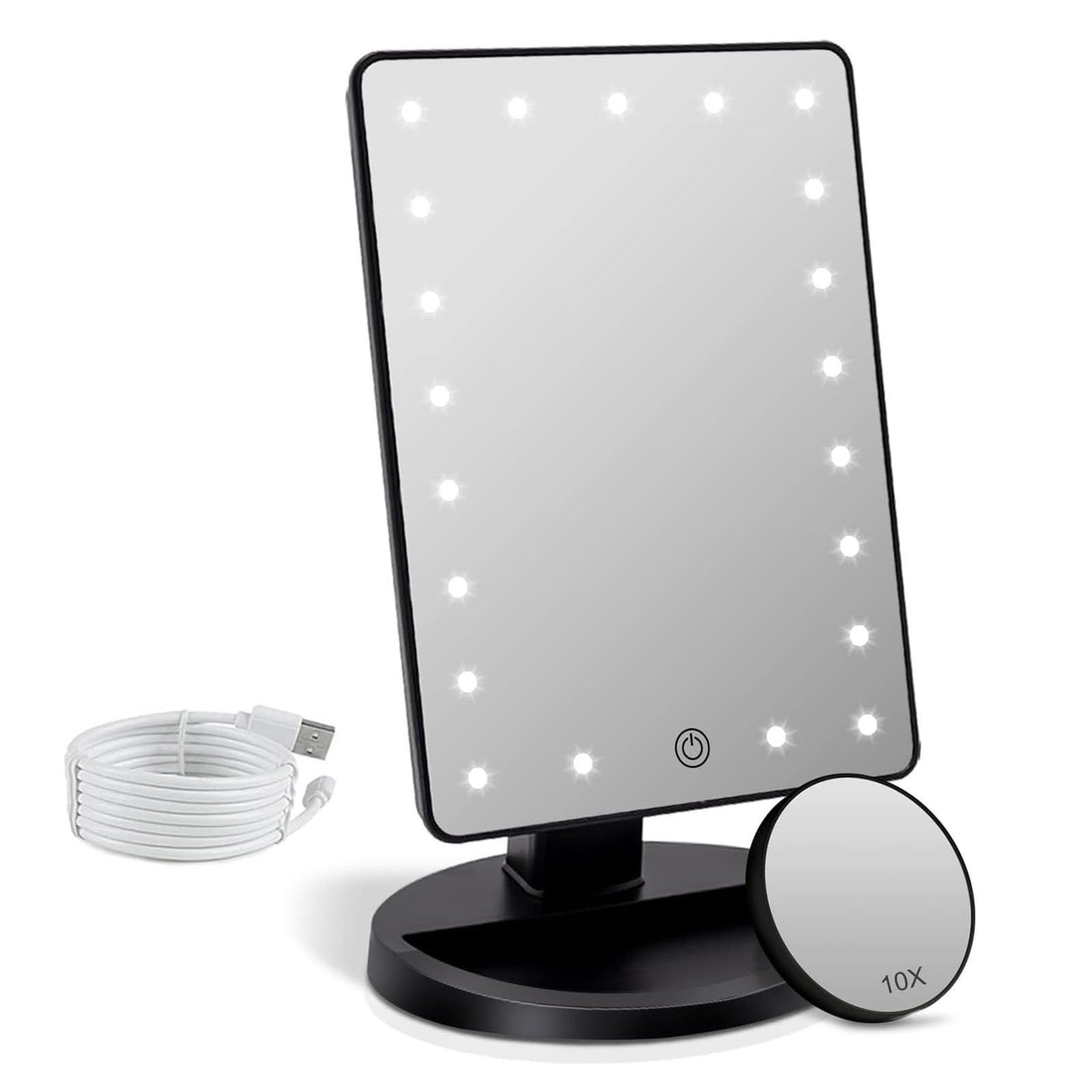 FASCINATE 21個LED 鏡 ライト付き 卓上 スタンドミラー 無段階調光 usb/乾電池給電 10倍拡大鏡 メイク用 明るい 角度180調整可能 人気 黒