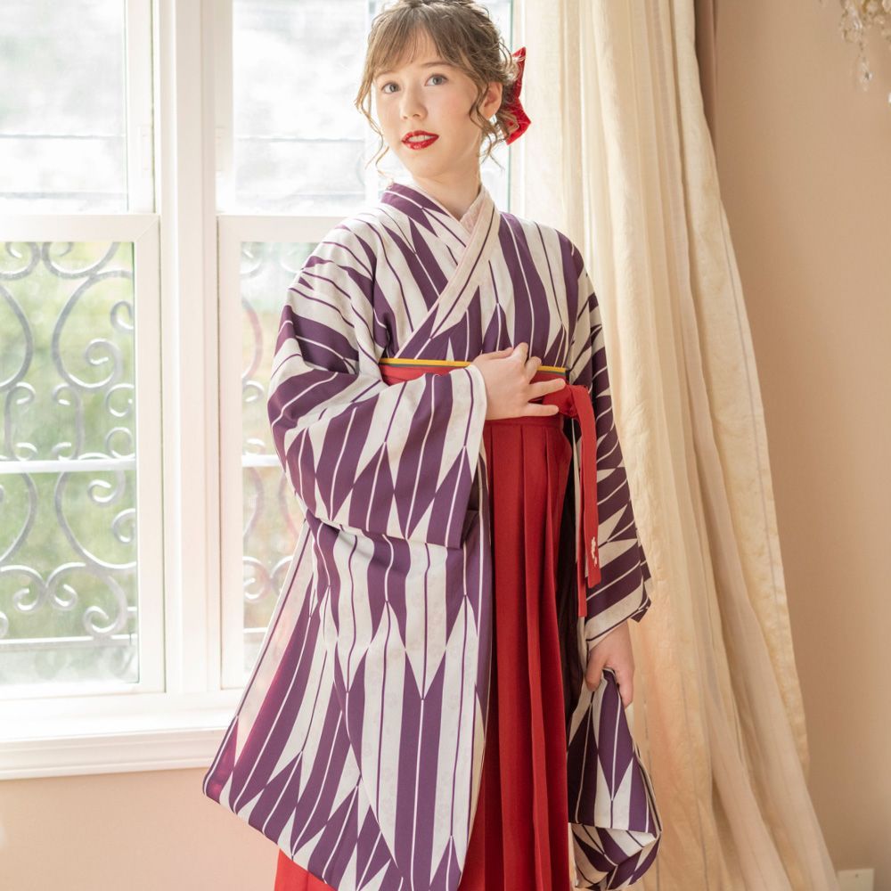 HAKAST18-PU 着付け簡単袴セット 刺繍入り 京都絵師描き下ろし本格柄 ～矢絣着物×えんじ袴～ キャサリンコテージ TAK 小学生 袴 卒業式 セット