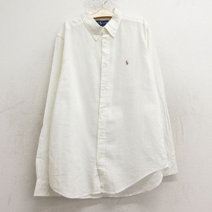 古着 ラルフローレン 長袖 ブランド シャツ キッズ ボーイズ 子供服 ワンポイントロゴ リネン ボタンダウン 白 ホワイト 24aug19