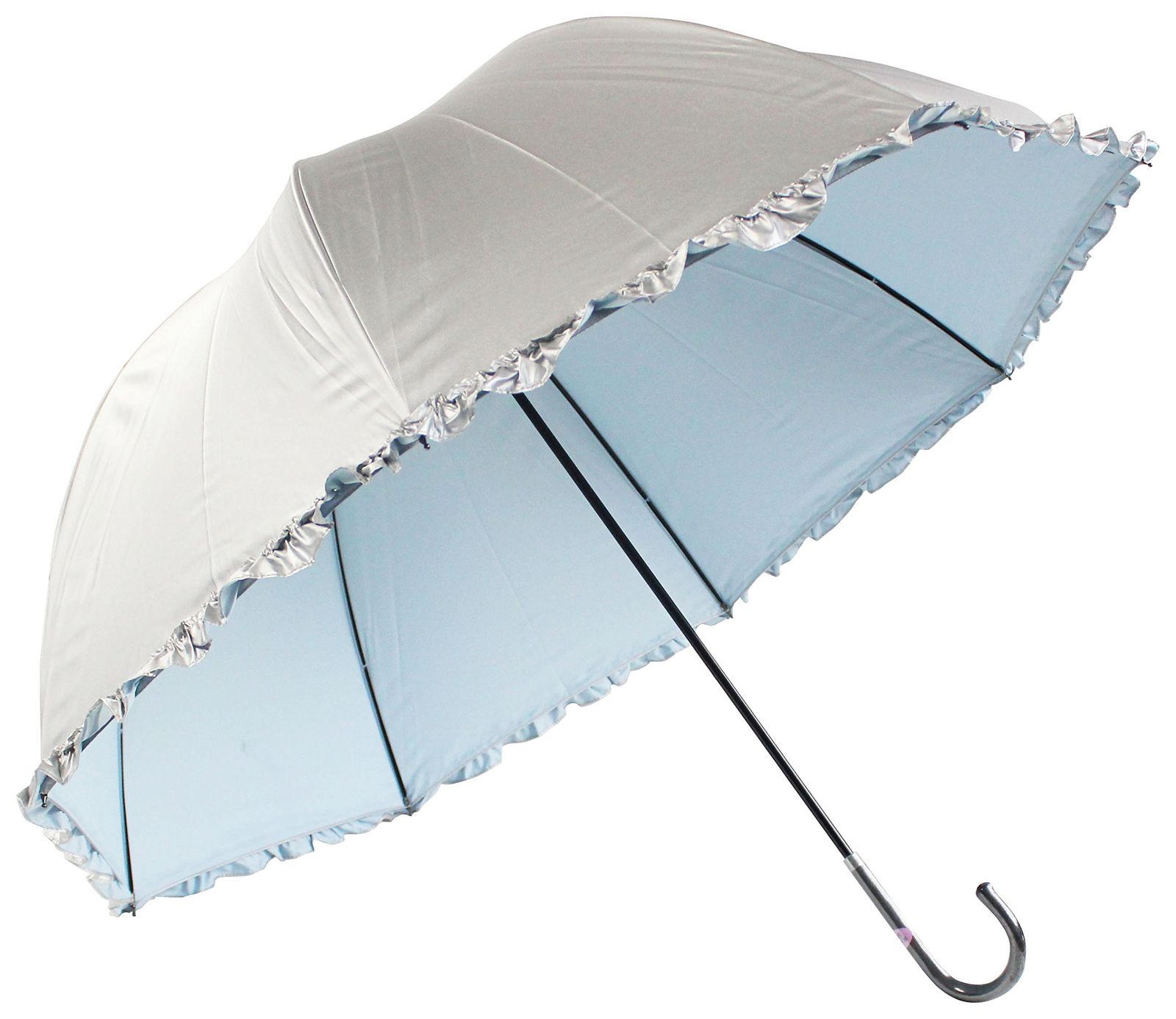 【在庫セール】(サックス) 手開き傘 UPF50＋60cm 紫外線遮蔽率97% UVカット フリル付 生地表シルバーコーティング かわいいドーム型 日傘 晴雨兼用 日光を遮断！ オカモト原宿店