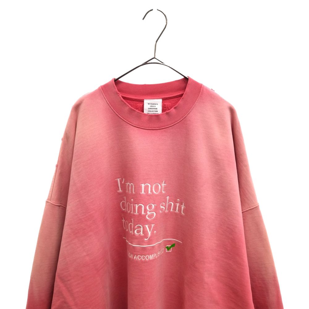 SカラーVETEMENTS/ヴェトモン　23SS　ヴィンテージ加工スウェットトレーナー　NOT DOING SHIT TODAY SWEATSHIRT　UE63CN160P　サイズ：S　カラー：ピンク