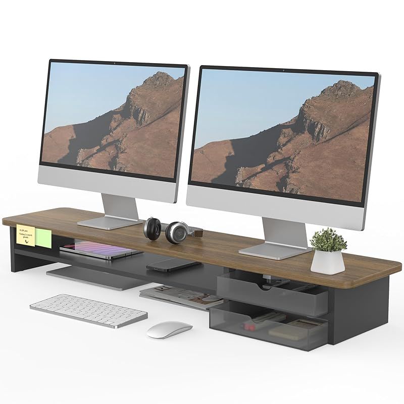 Fenge モニター台 卓上 モニタースタンド パソコン台 机上 2段 108cm 引き出し 木製 アクリル製 白 pcモニター台 ディスプレイ台 机上ラック 卓上収納 pc台 ブラウン-黒 1