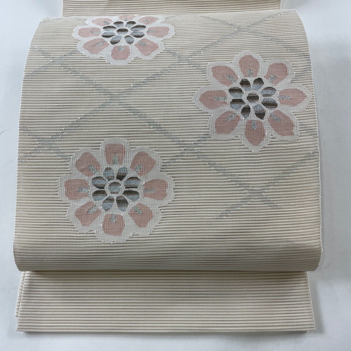 袋帯 秀品 夏帯 絽 花 銀糸 クリーム お太鼓柄 正絹