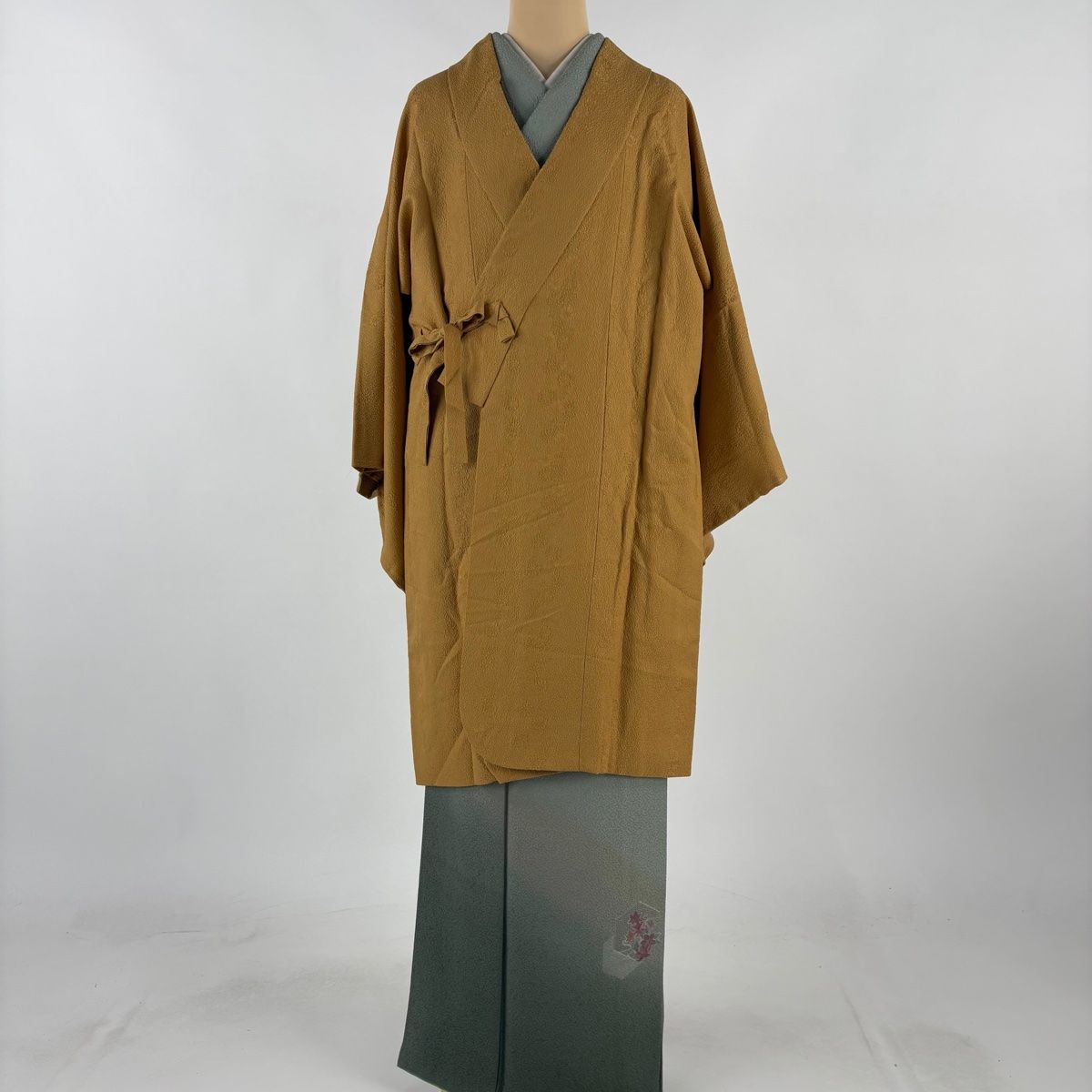 道中着 身丈100cm 裄丈66cm M 和装コート 着物衿 地紋 山吹色 正絹 名品