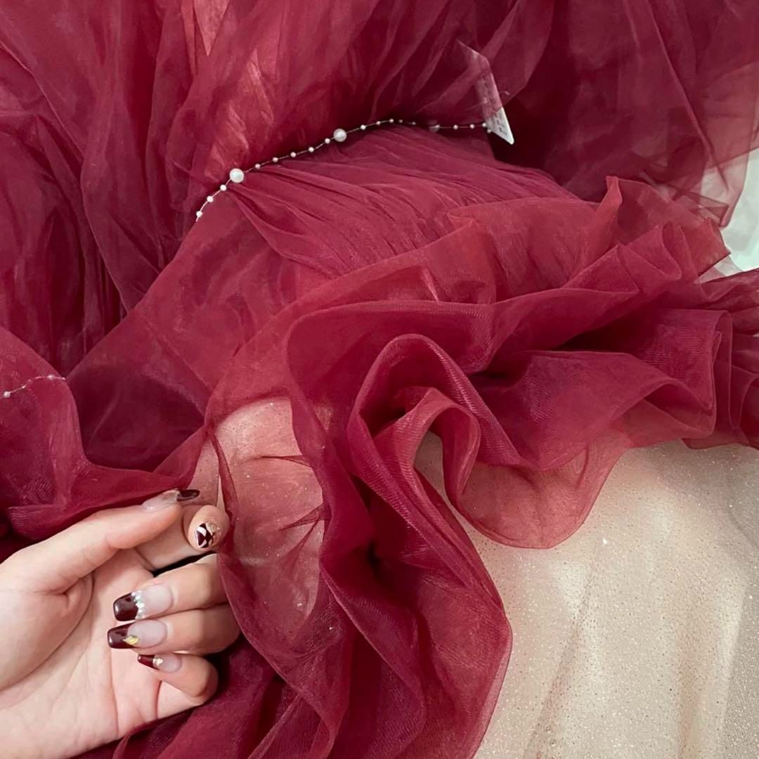 パールがオシャレで可愛い フリル オフショルイブニングドレス フリルがゴージャスなパール付き オフショル イブニングドレス