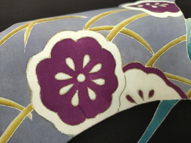 平和屋着物○塩瀬 九寸名古屋帯 銀杏花文 黒地 金彩 正絹 逸品