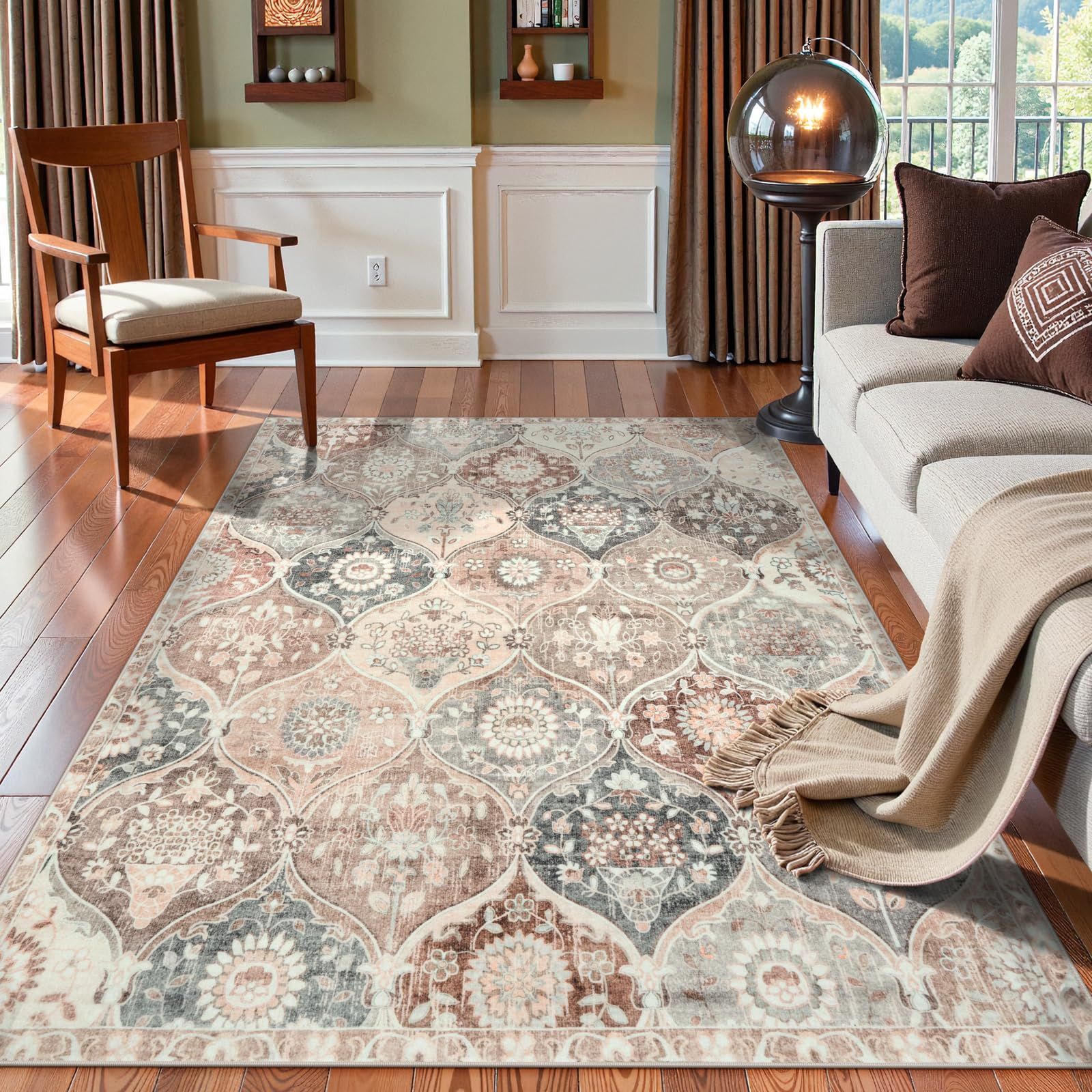 HAOCOO ラグ カーペット 洗える 140×200cm ホットカーペット対応 絨毯 モロッコ柄 ラグマット 1.5畳 ふわふわ ホットカーペット対応 滑り止め 防ダニ 防臭 防音 リビング ダイニングマット アンティーク ペルシャ風 ベージュ