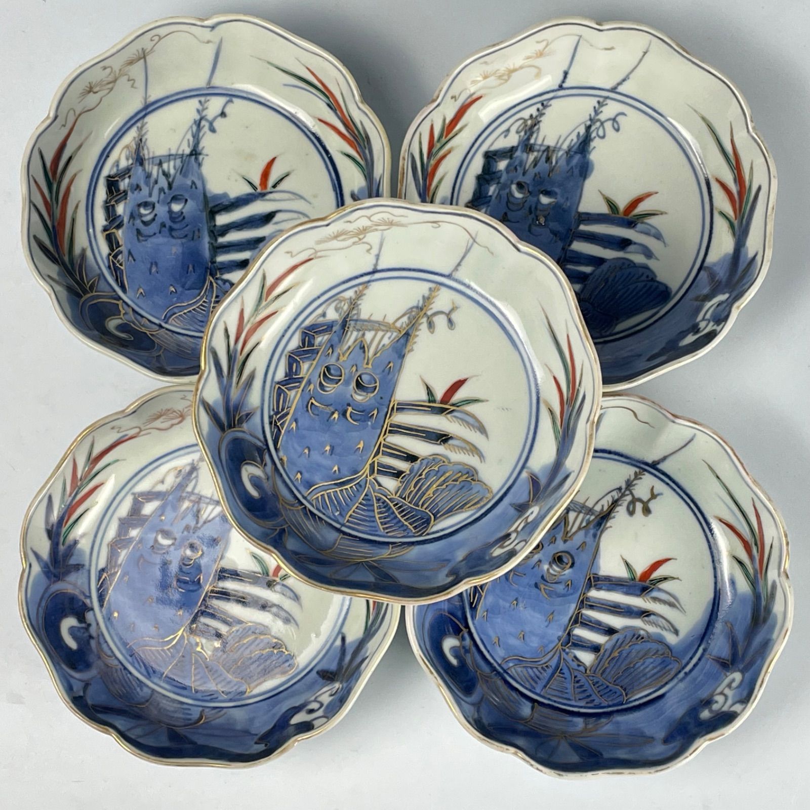454 色絵 海老 古伊万里 伊万里焼 骨董 アンティーク 膾皿 5枚セット