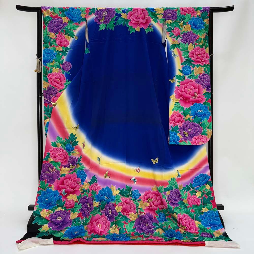 【豪華美品】引き振袖 お引きずり ブルー　花柄刺繍 本振袖 引き振袖 正絹 青 花柄 古典 刺繍 結婚式 裄64.5cm Bランク