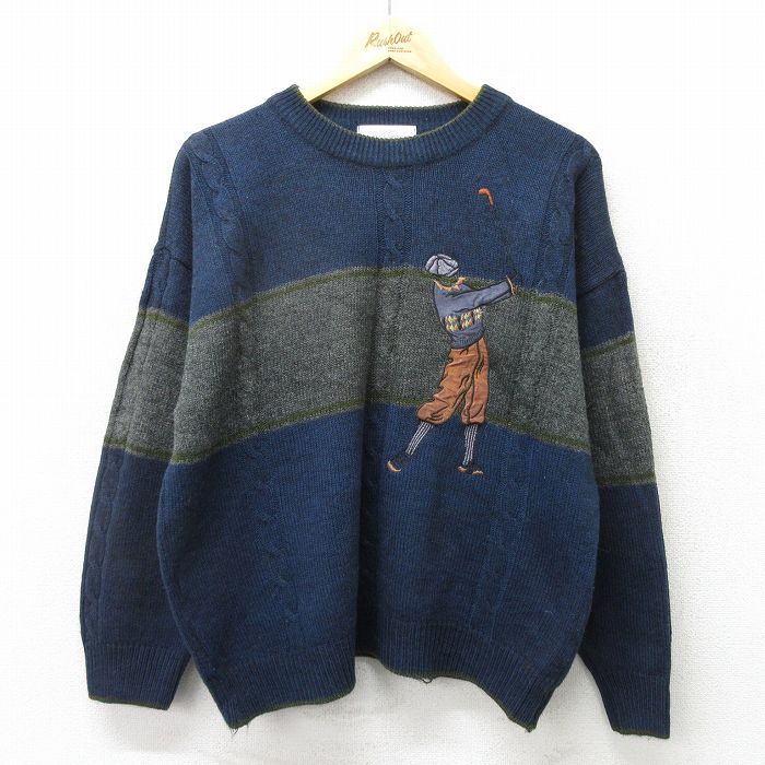 XL/古着 長袖 セーター メンズ 00s ゴルフ 刺繍 クルーネック 紺 ネイビー 23nov24 中古 ニット トップス