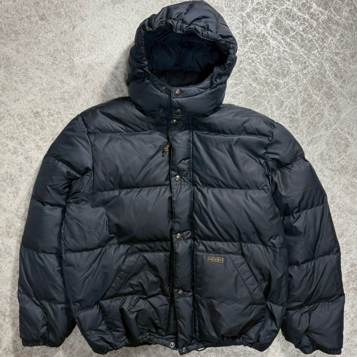 Polo by Ralph Lauren 90s ダウンジャケット ネイビー Lサイズ ラルフローレン フード付き アウター メンズ 古着 ポロ ダウンパファー ビンテージ ロゴ ボリューム 短丈 ドローコード