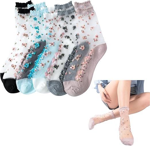 [Doyime] 靴下 レディース ソックス （5足組） シースルーソックス 夏用 クルーソックス 花柄 刺繍 女性用 くつした 薄手靴下 おしゃれ かわいい シースルー靴下 通気 通学 通勤 室内 フリーサ