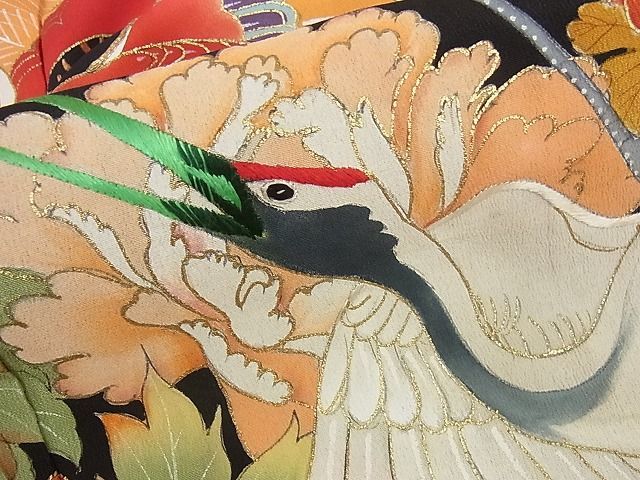 平和屋本店□極上 アンティーク 大正ロマン 振袖 駒刺繍 飛鶴松文 黒地