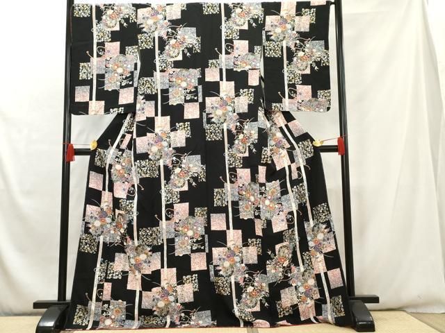 平和屋着物□上質な小紋 花車文 黒地 金銀彩 正絹 逸品 未使用