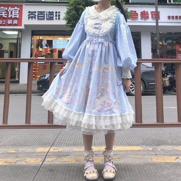 ワンピース ロリータ ファッション 水色 プリンセスプリント ワンピース ロリータ ファッション 水色 プリンセスプリント
