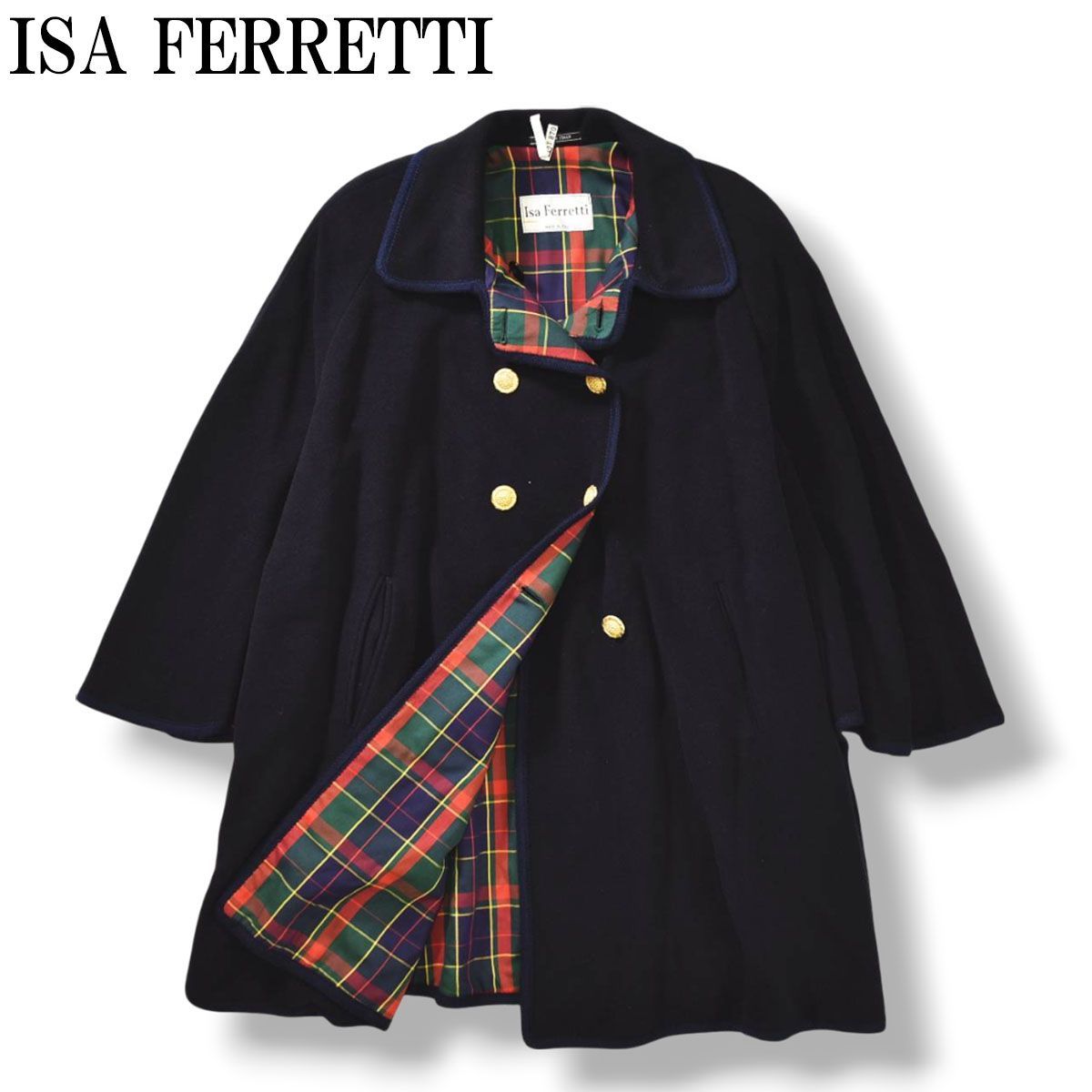 ヴィンテージ イタリア製 ISA FERRETTI 伊勢丹 ISETAN 金ボタン 裏地チェック柄 ウール ケープコート ポンチョ マント アウター ネイビー レディース ♪