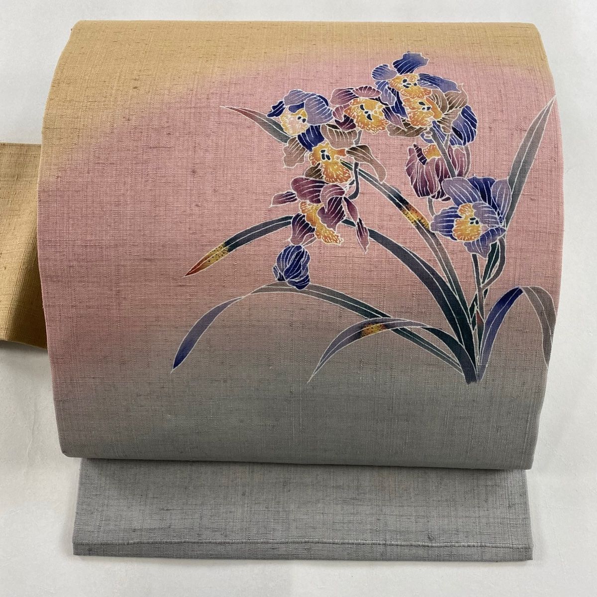 名古屋帯 秀品 紬地 関西仕立て 草花 染め分け ぼかし ピンクベージュ 正絹