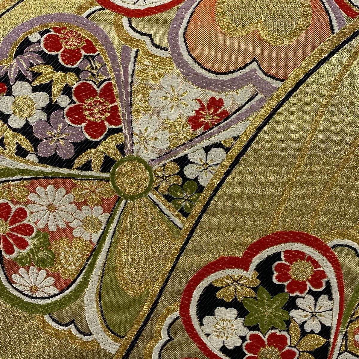 袋帯 美品 秀品 振袖向き 桜 草花 金糸 箔 金色 六通 正絹