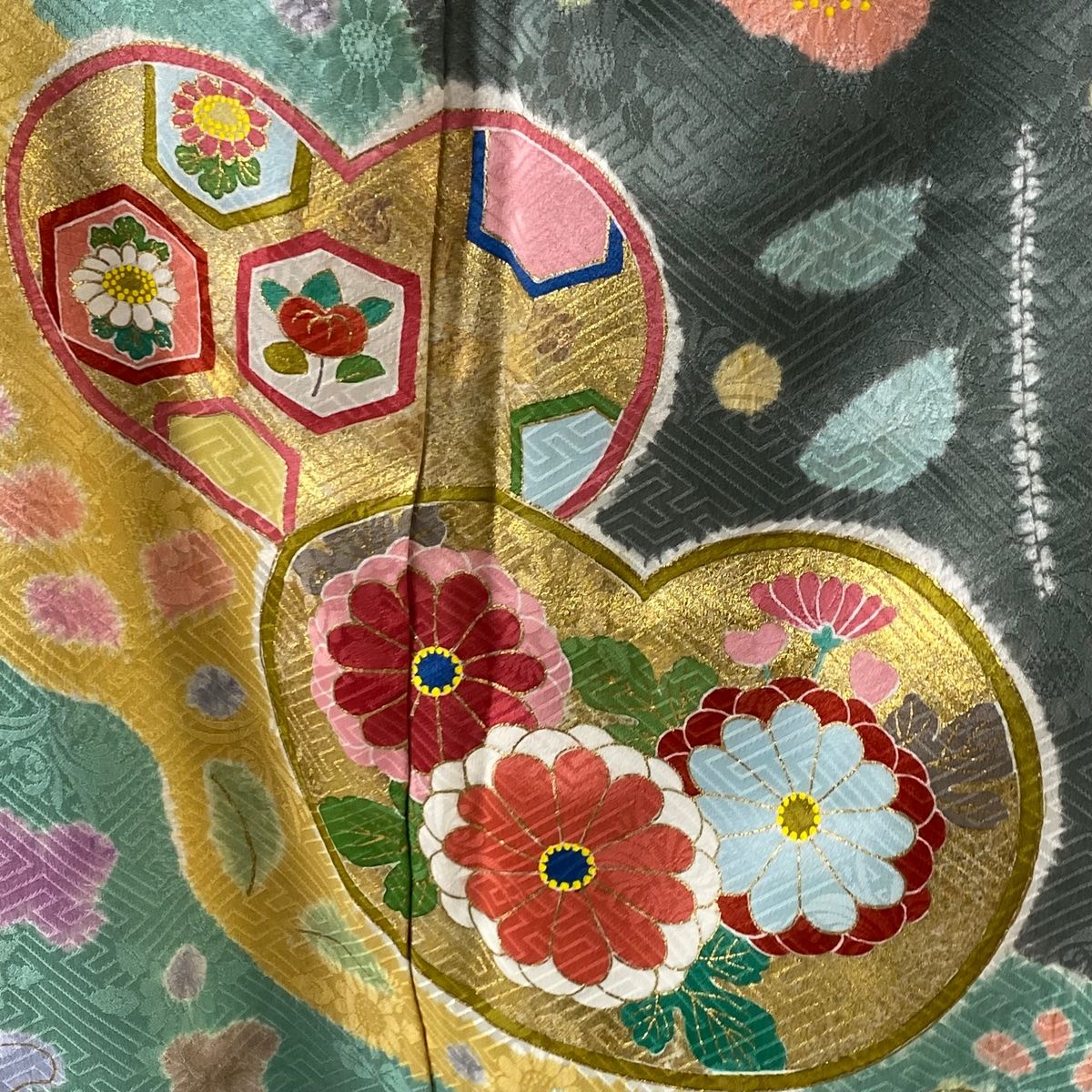 訪問着 身丈161cm 裄丈69.5cm L 袷 松井青々 落款 菊 松皮菱 金糸 金彩  