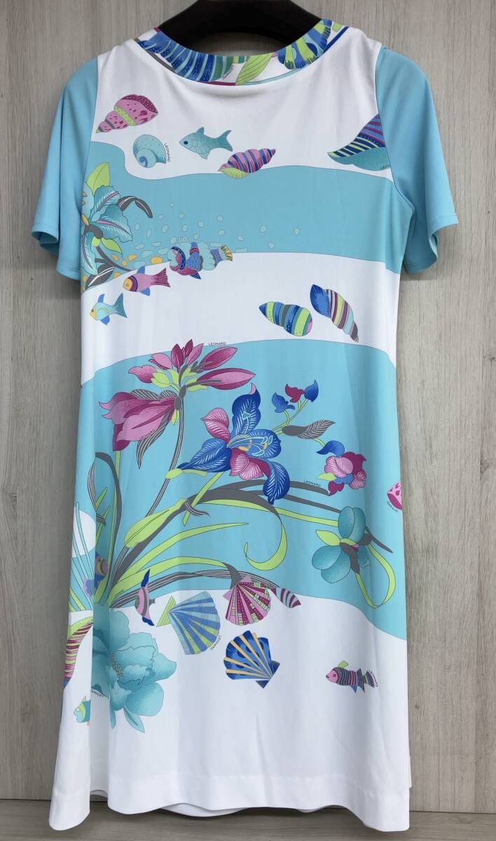 LEONARD SPORT レオナール スポーツ 半袖ワンピース 0579902 ホワイト ブルー 総柄 花 魚 海 貝 ペチコート付き 表記サイズ 40