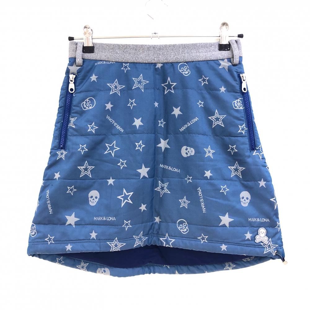 超 マークアンドロナ 中綿スカート ブルー×グレー 星柄 スカル レディース M ゴルフウェア MARK＆LONA
