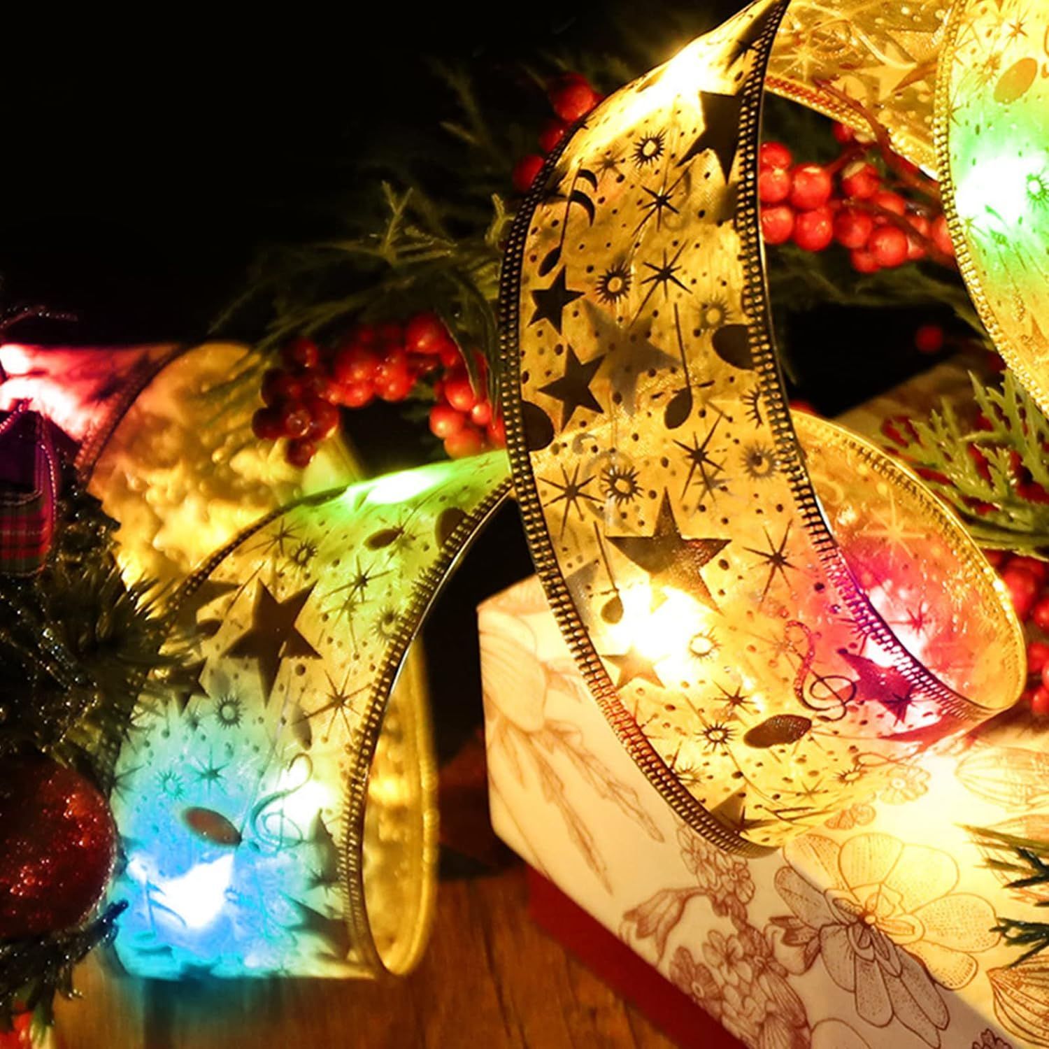 クリスマスリボン イルミネーションライト 5M 50LED 電池式