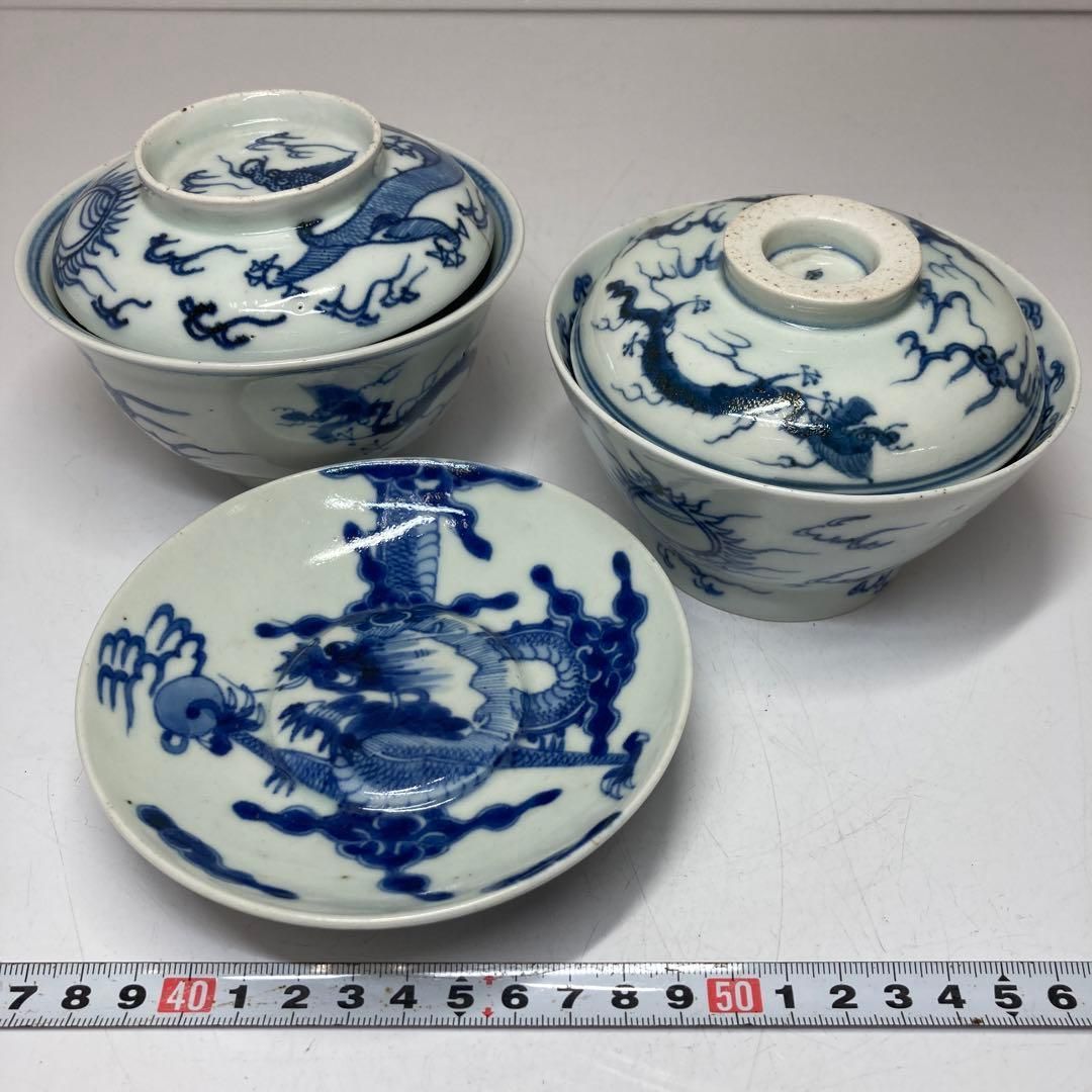 ・青花　雲龍の図蓋茶碗、盃3客　東Y5-0822② 青花 雲龍の図蓋茶碗、盃3客 東Y5-0822② 青花 雲龍の図