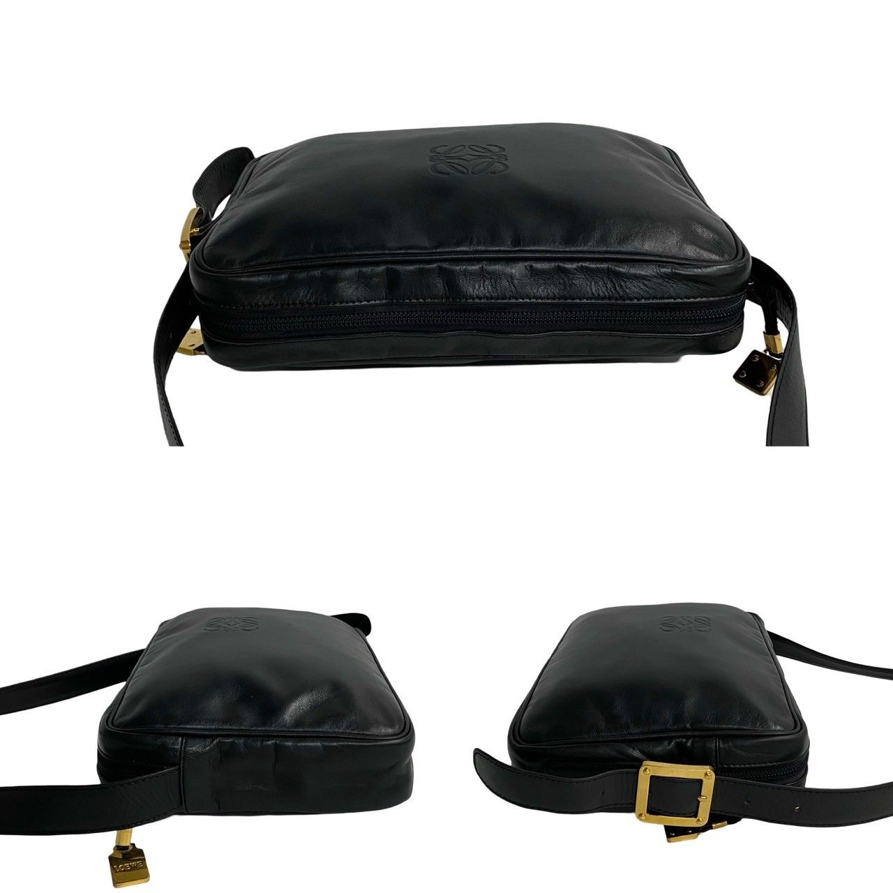 極 美品 LOEWE ロエベ ヴィンテージ アナグラム ロゴ レザー 本革 ショルダーバッグ ポシェット サコッシュ ブラック 黒 レディース 21110 LOEWE（ロエベ） 極 美品 ヴィンテージ アナグラム ロゴ ナッパ レザー
