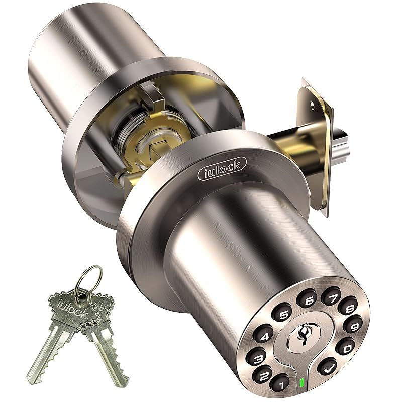 iulock 防水電子ドアノブ キーパッドとキー付き オートロック サテンニッケル 50コード オフィス/倉庫/寝室/ガレージに使いやすく取り付け簡単
